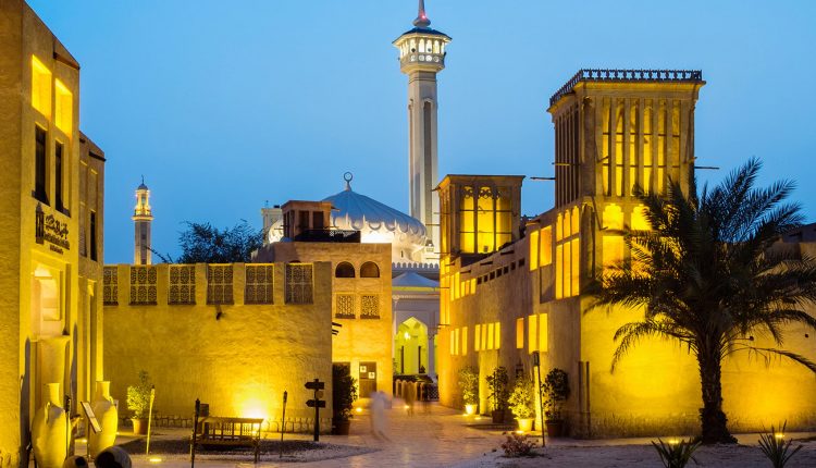 historic Bastakiya quarter at night in Dubai United Arab Emirates